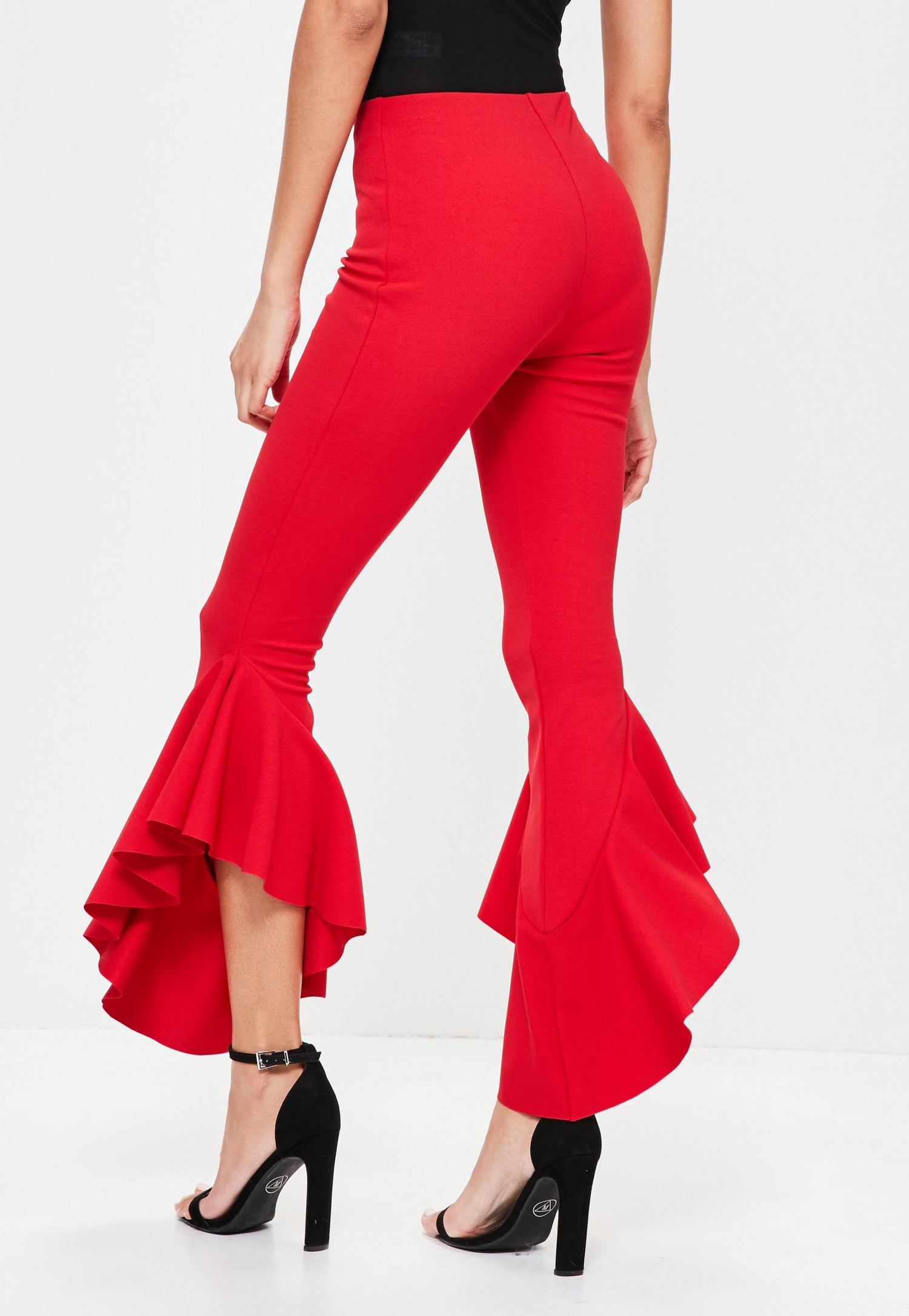 red-asymmetric-draped-frill-side-cigarette-trousers