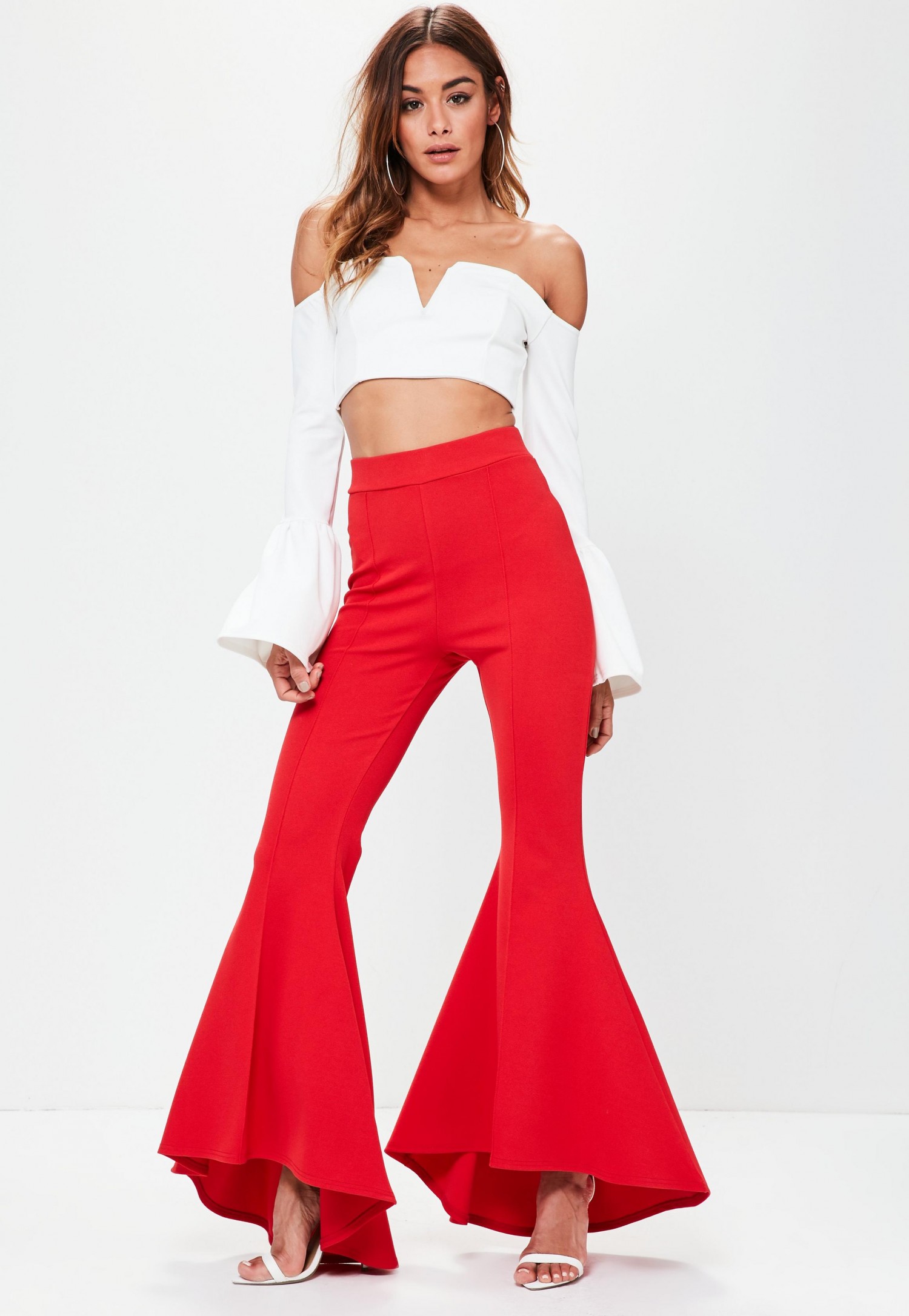 red-asymmetric-extreme-draped-frill-cigarette-trousers