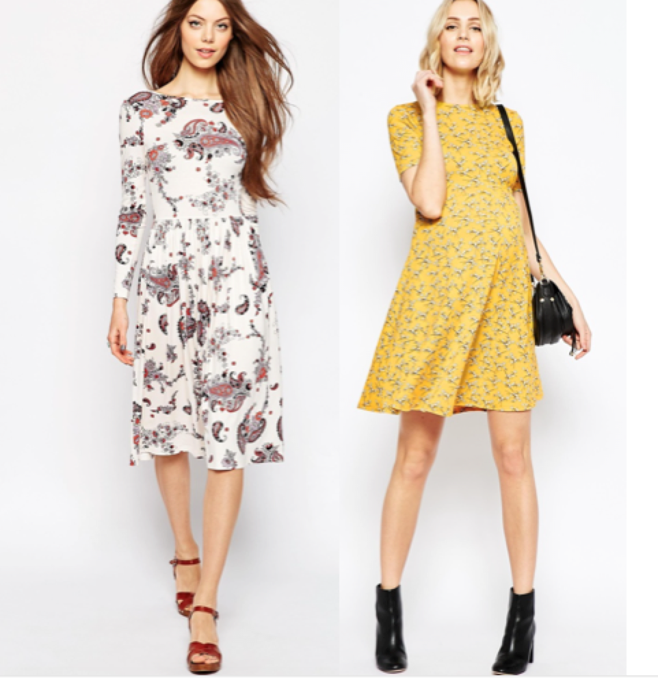 1. Midi Dress In Paisley Print  2. Maternity Skater Dress in Chartreuse Floral Print 