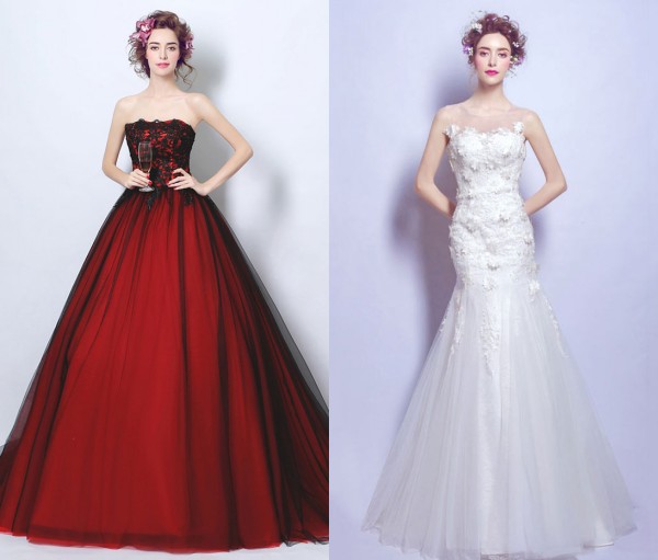 robe rouge princess bustier & blanche sirène pour mariage