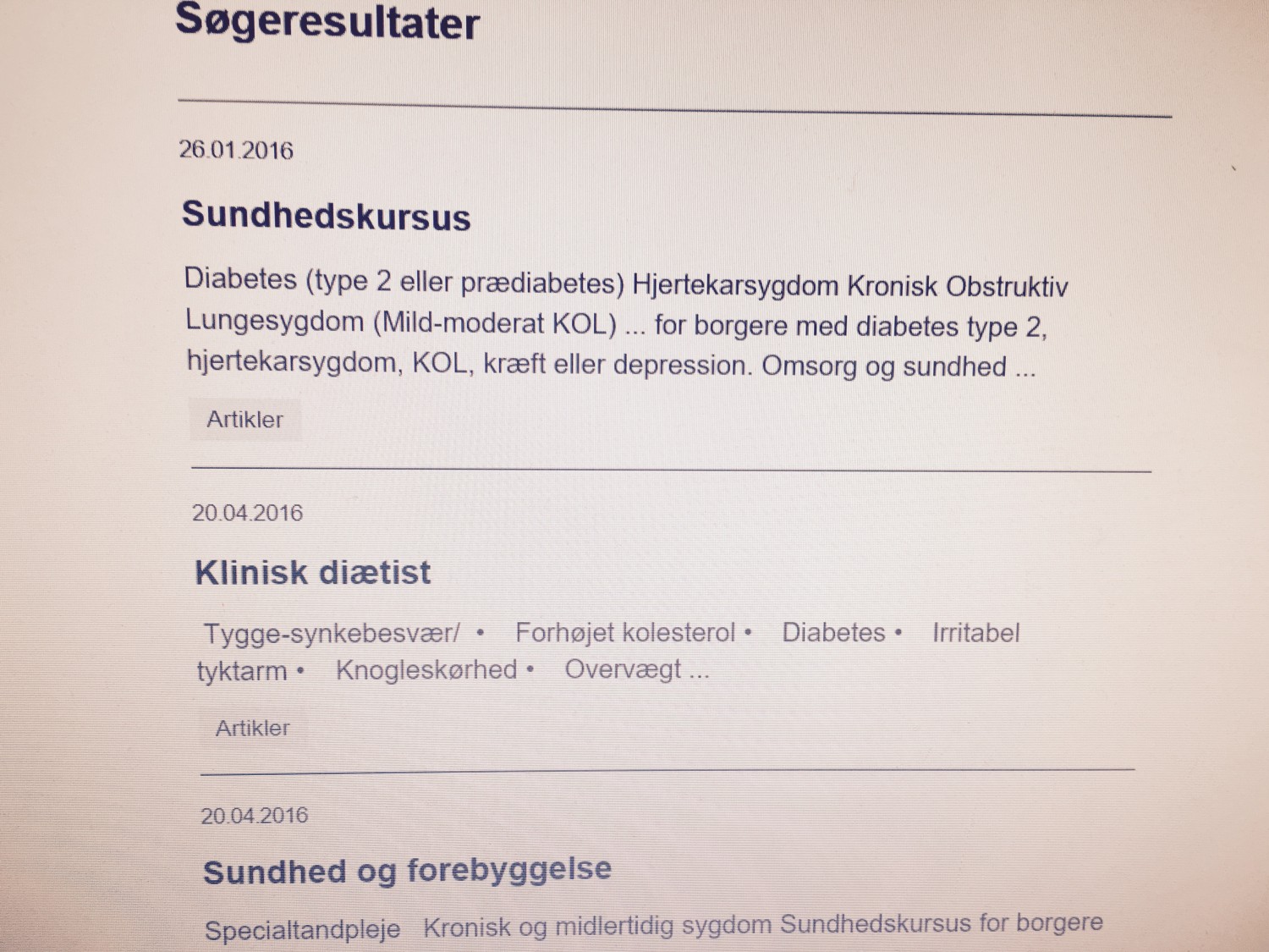 Resultat af søgningen "diabetes" på en kommunes hjemmeside
