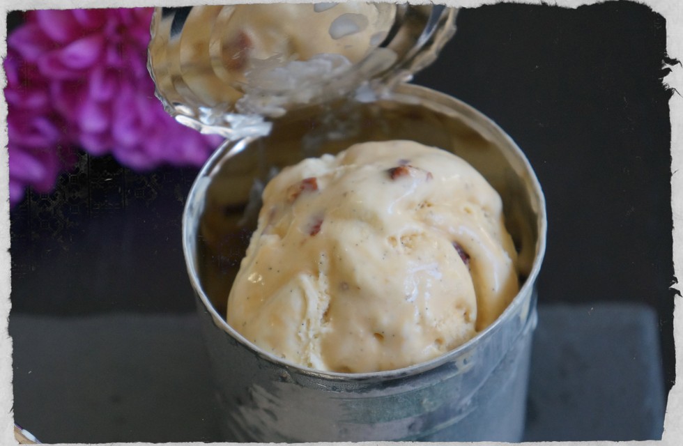 homemade gelato with caramel and almond swirl