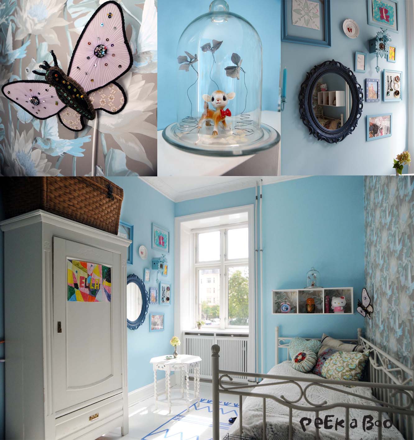 Ella's blue room, the colour no. 2482 and  the wallpaper is Happy Nature art no.341005 both from Flügger.