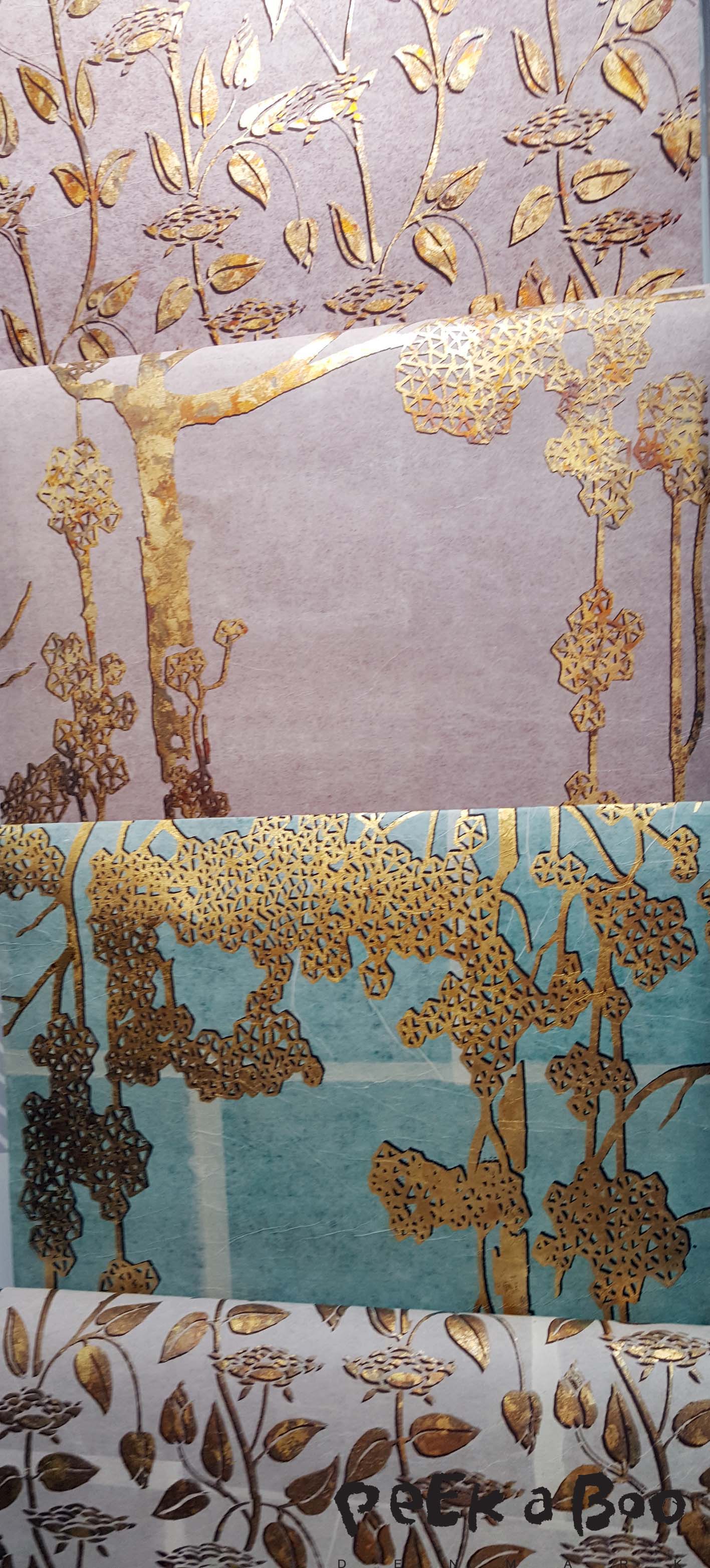 Japanese washi paper from Ikazaki Shachu inc. The gentle feel of the handmade washi paper combined with the innovative design and powerful look of gilding done with gold leaf. 