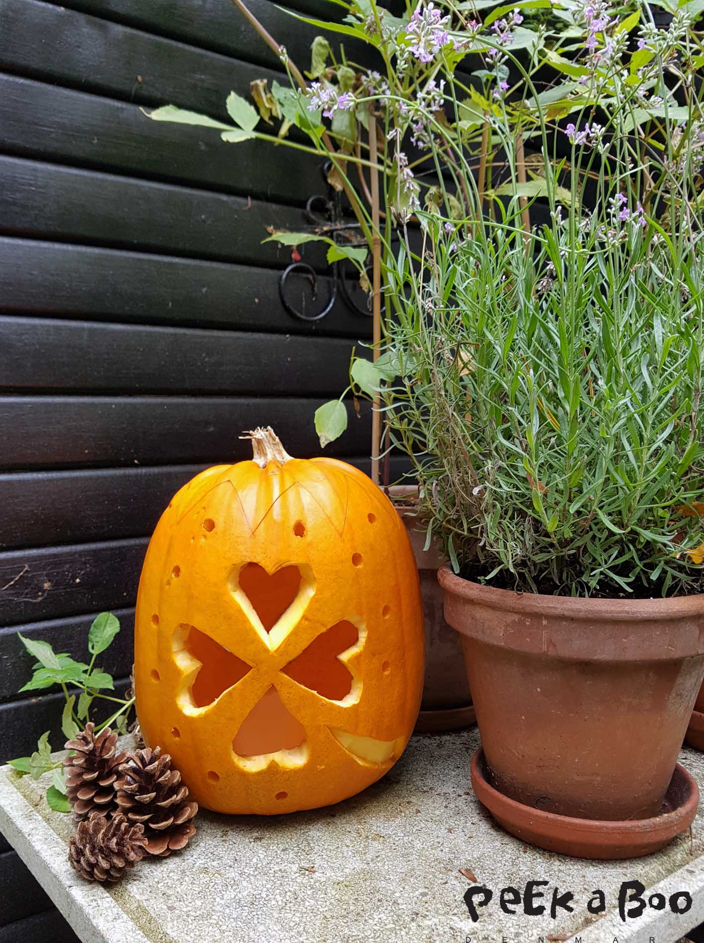 Pumpkin lantern with four-leaf clover pattern.