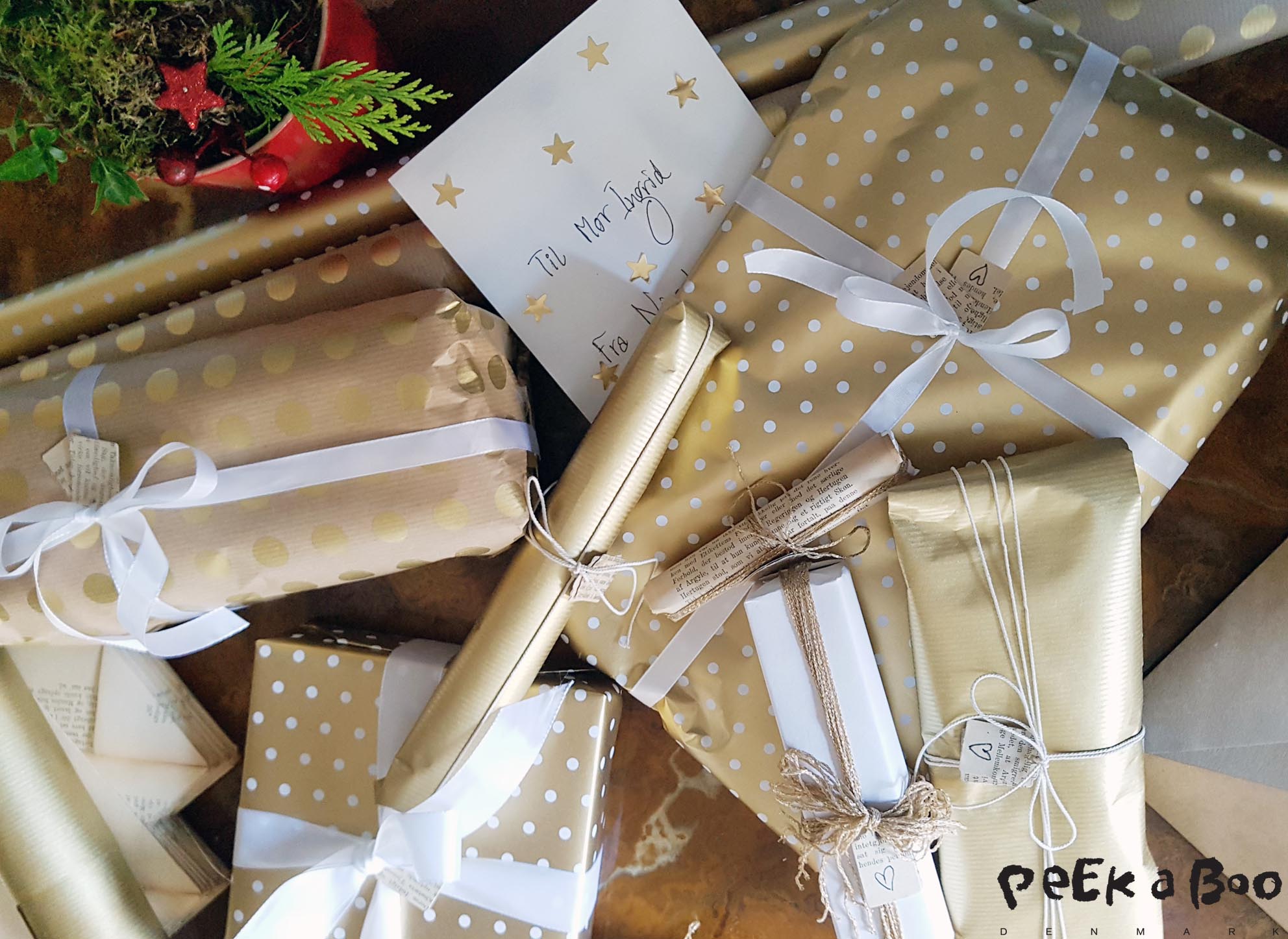 DIY gift wrapping in gold and white.