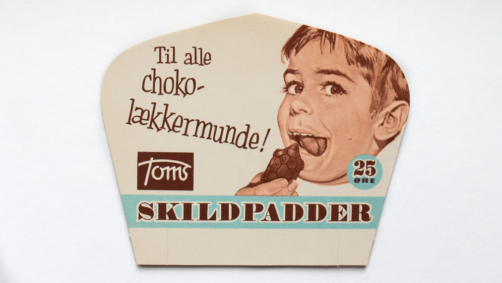 Til choko-lækkermunde, en af de ældste reklamer for Toms skildpadder.... Photocredit: Toms.