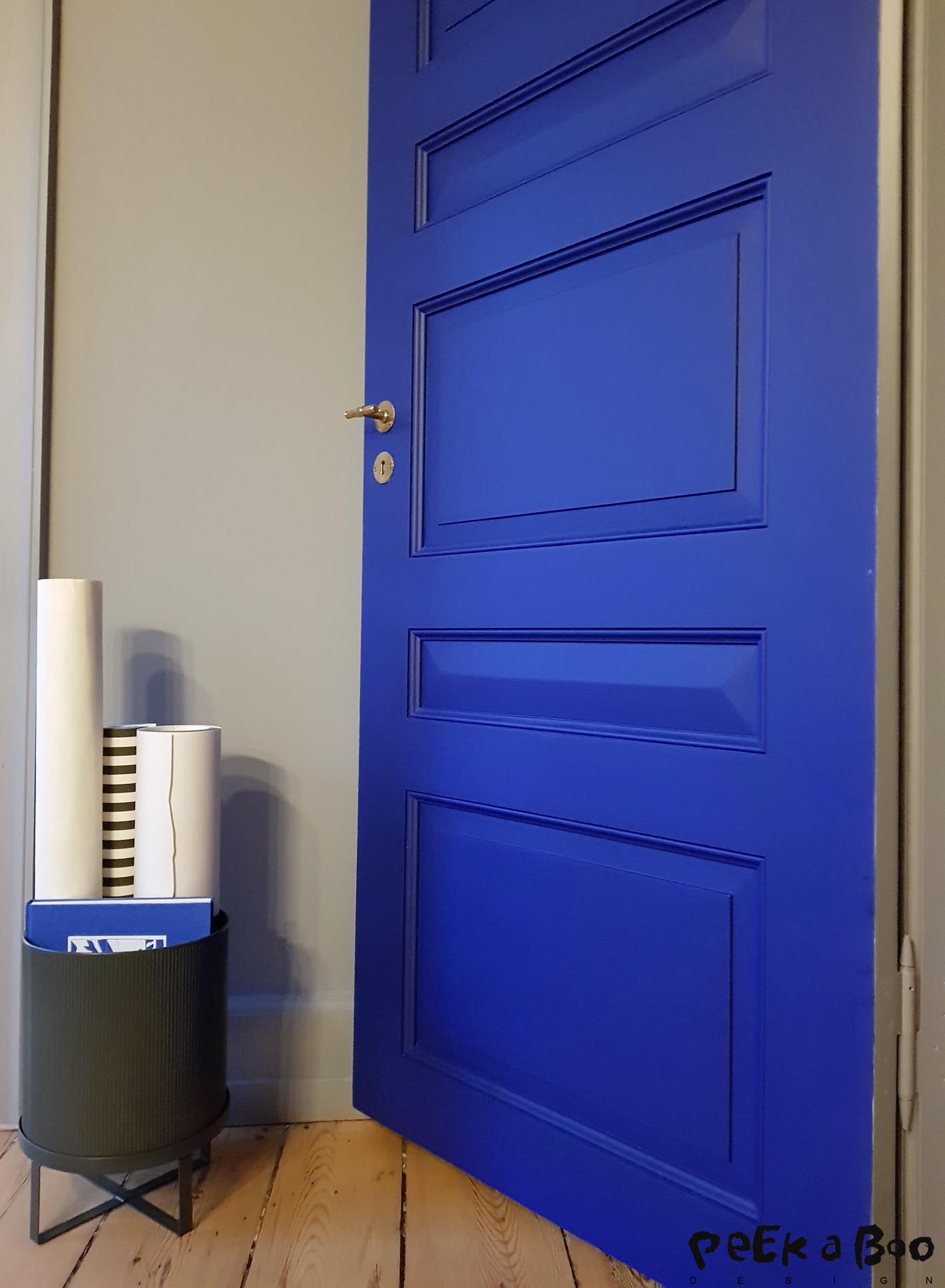 The bright blue door to the grey livingroom. 