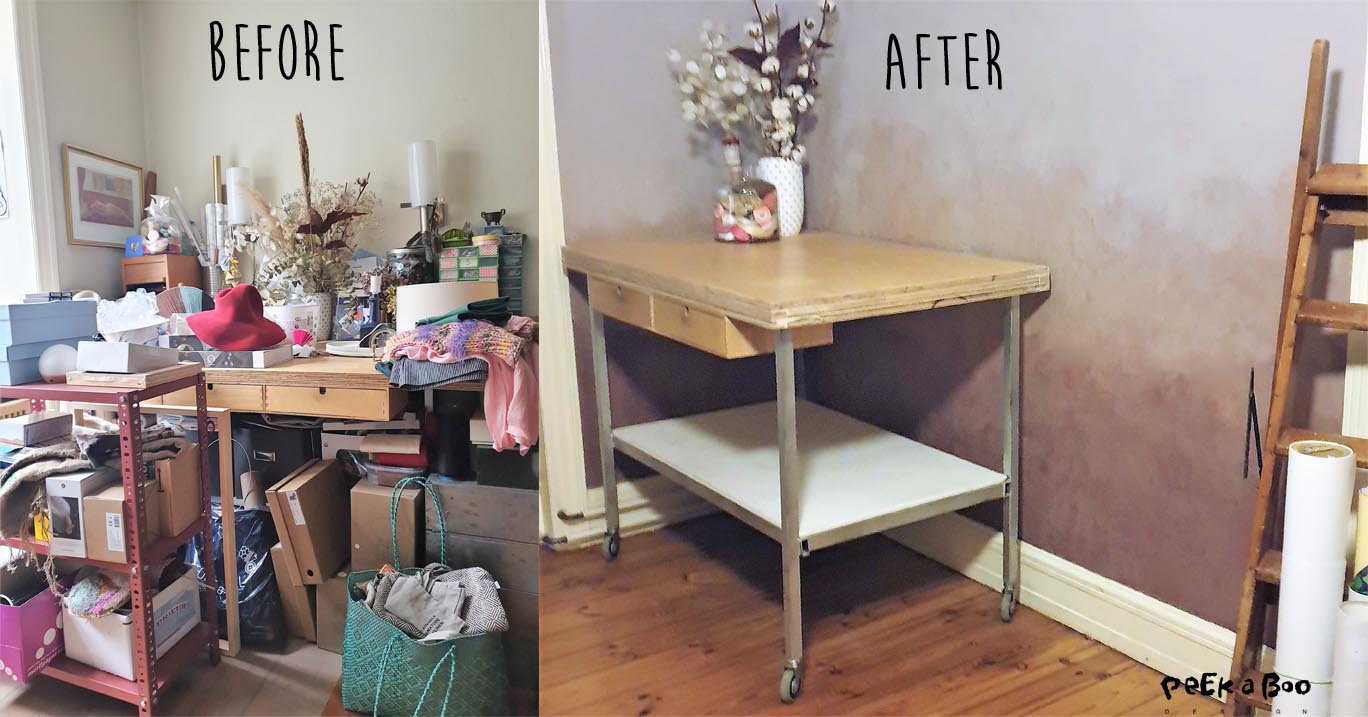 Before and after. My workspace was a mess and ended up not beeing able to use for working, instead I used it for storing all the things I didn't know where to put.