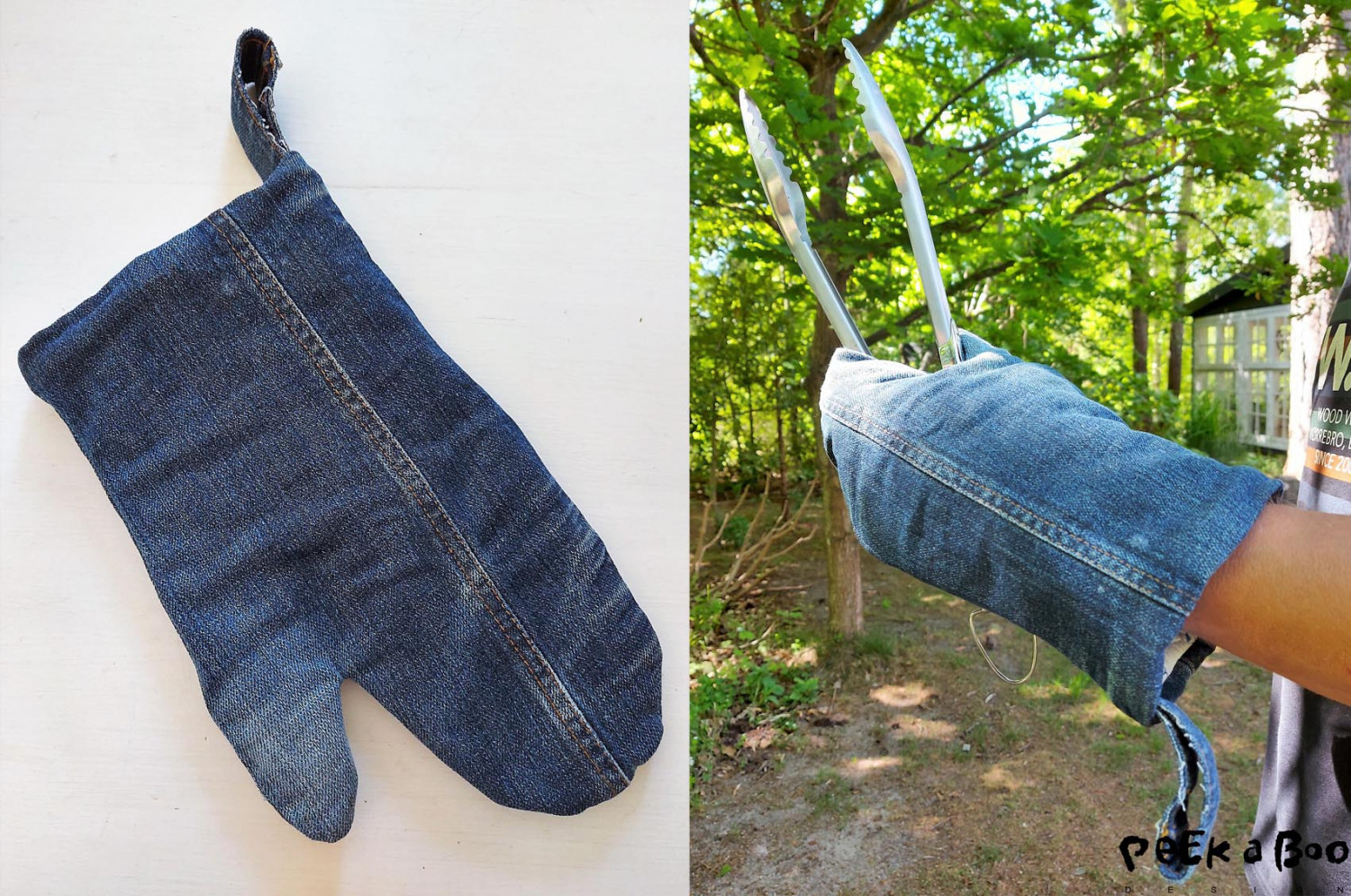 The finished griill glove made entirely of upcycled materials. an easy DIY project for you and the kids.