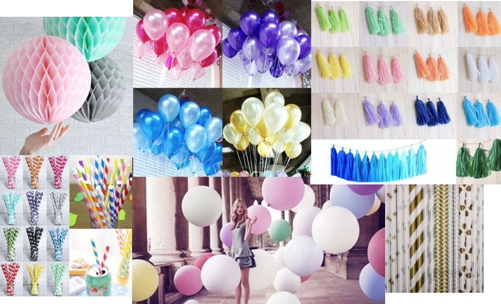 Collage med tilbehør til festen. Farverige balloner, sugerør, honeycombs, pomponer etc.