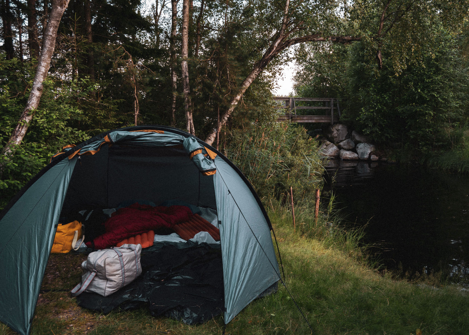 tent, telt, campsite, wilderness camp, hättaboda, Sweden, creek, exped