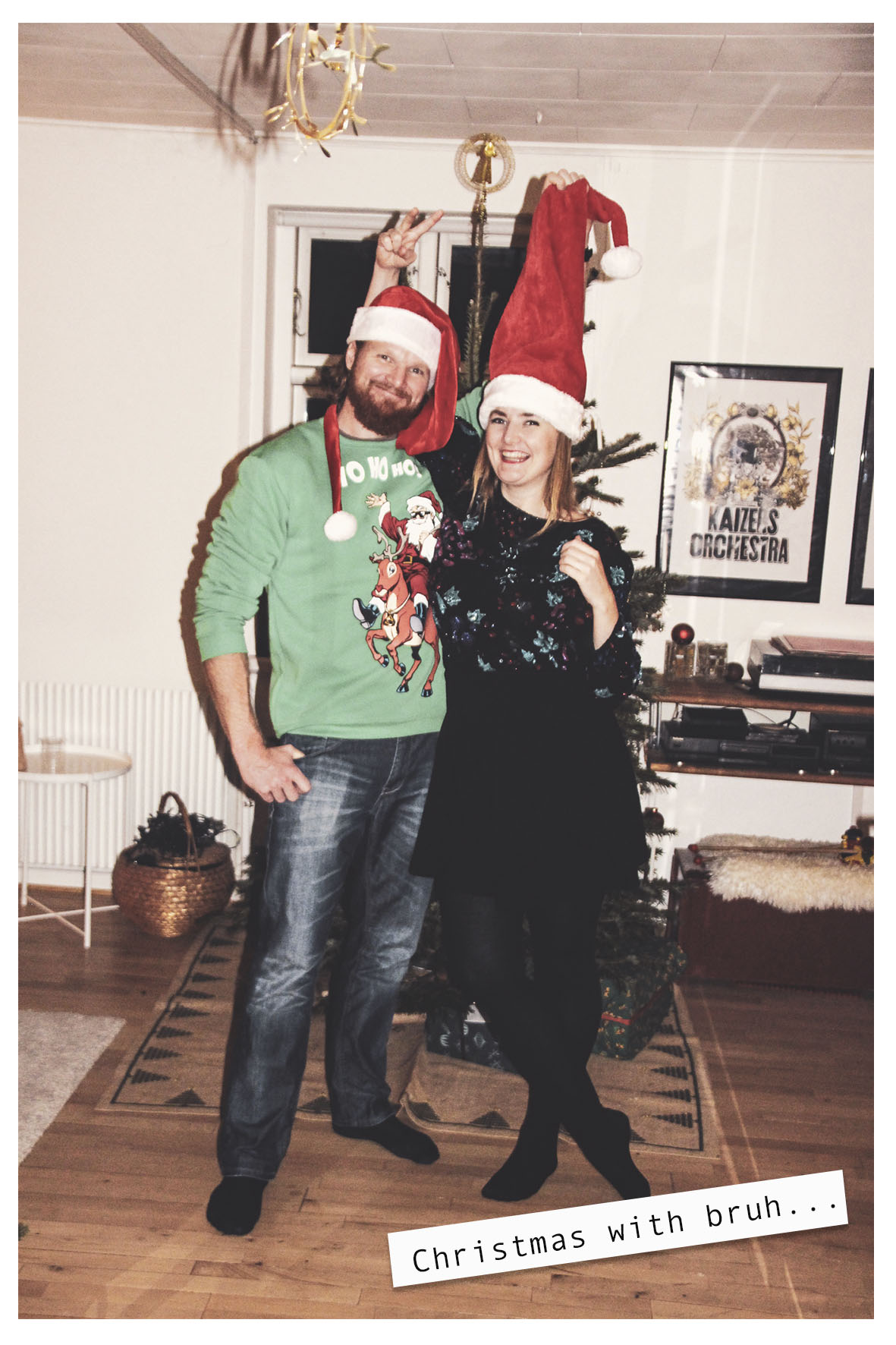 stories by holst mand med julesweater kvinde med julekjole nissehue juletrae man with christmas sweater woman with christmas dress christmas hat