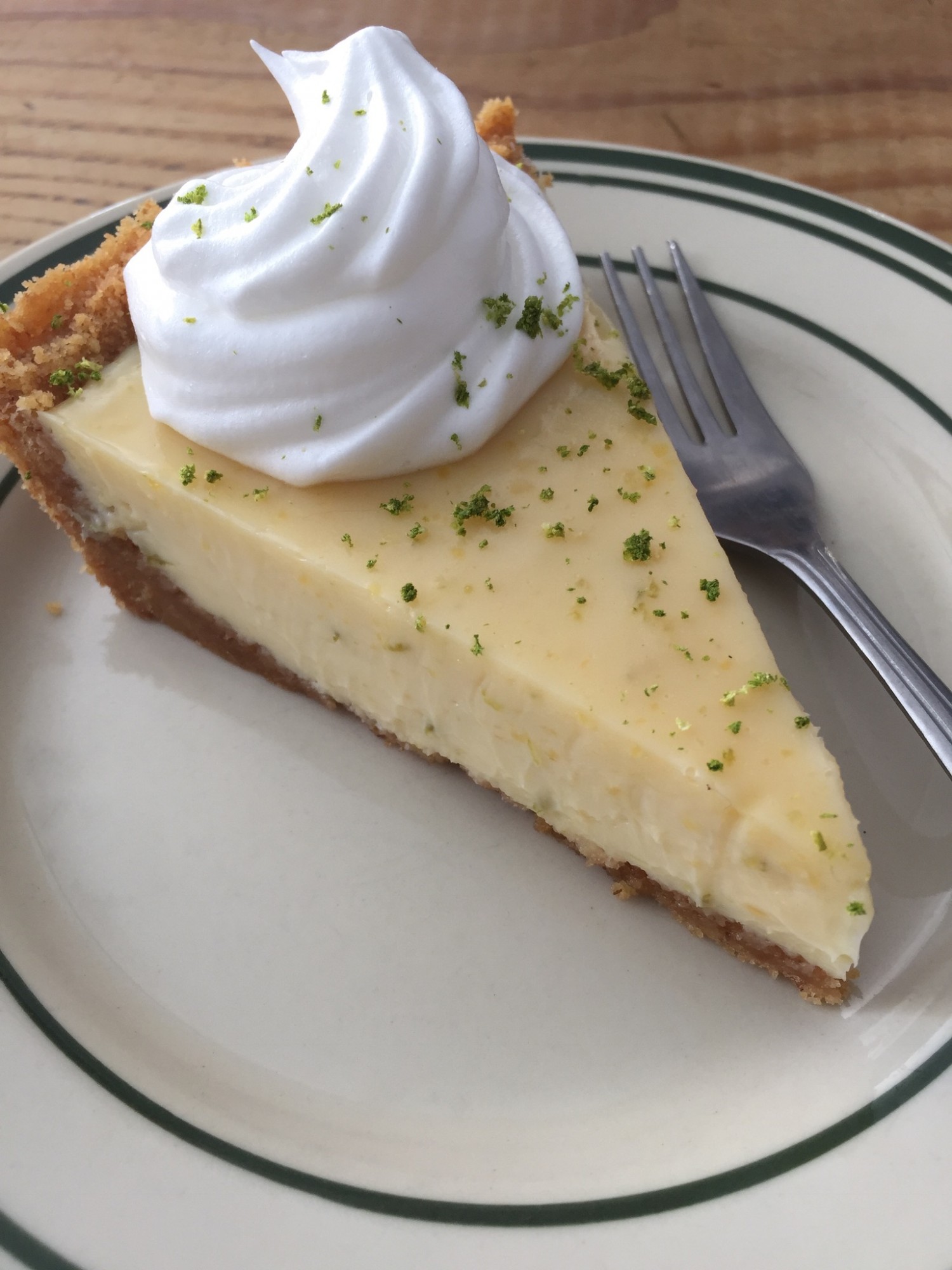 Kiss me quick! Key Lime. 45 kr. (Zesty lime juice in this creamy house favorite will have you puckering up to kiss whomever’s closest. Balanced with a sweet cookie crust and a touch of meringue, you’ll feel the Florida breezes blowing gently through your mind… Ahh…)
