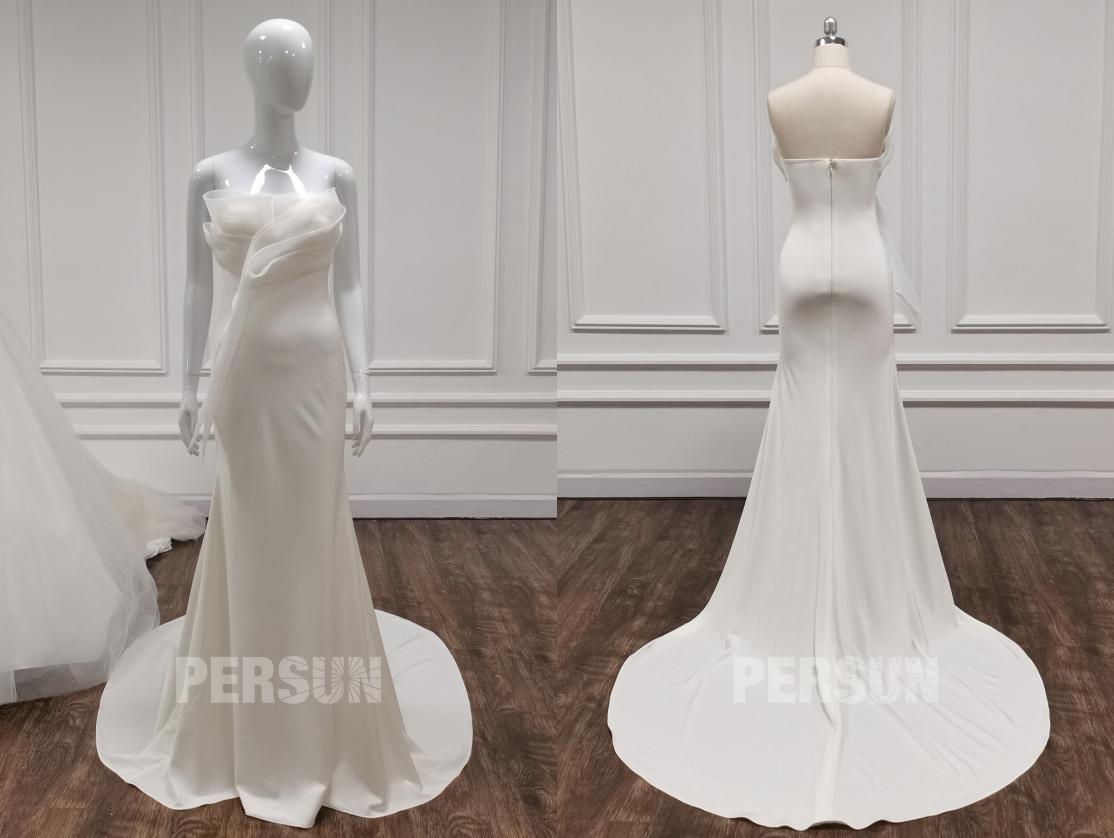 Elégante robe de mariée bustier drapé minimalisme crêpe ivoire