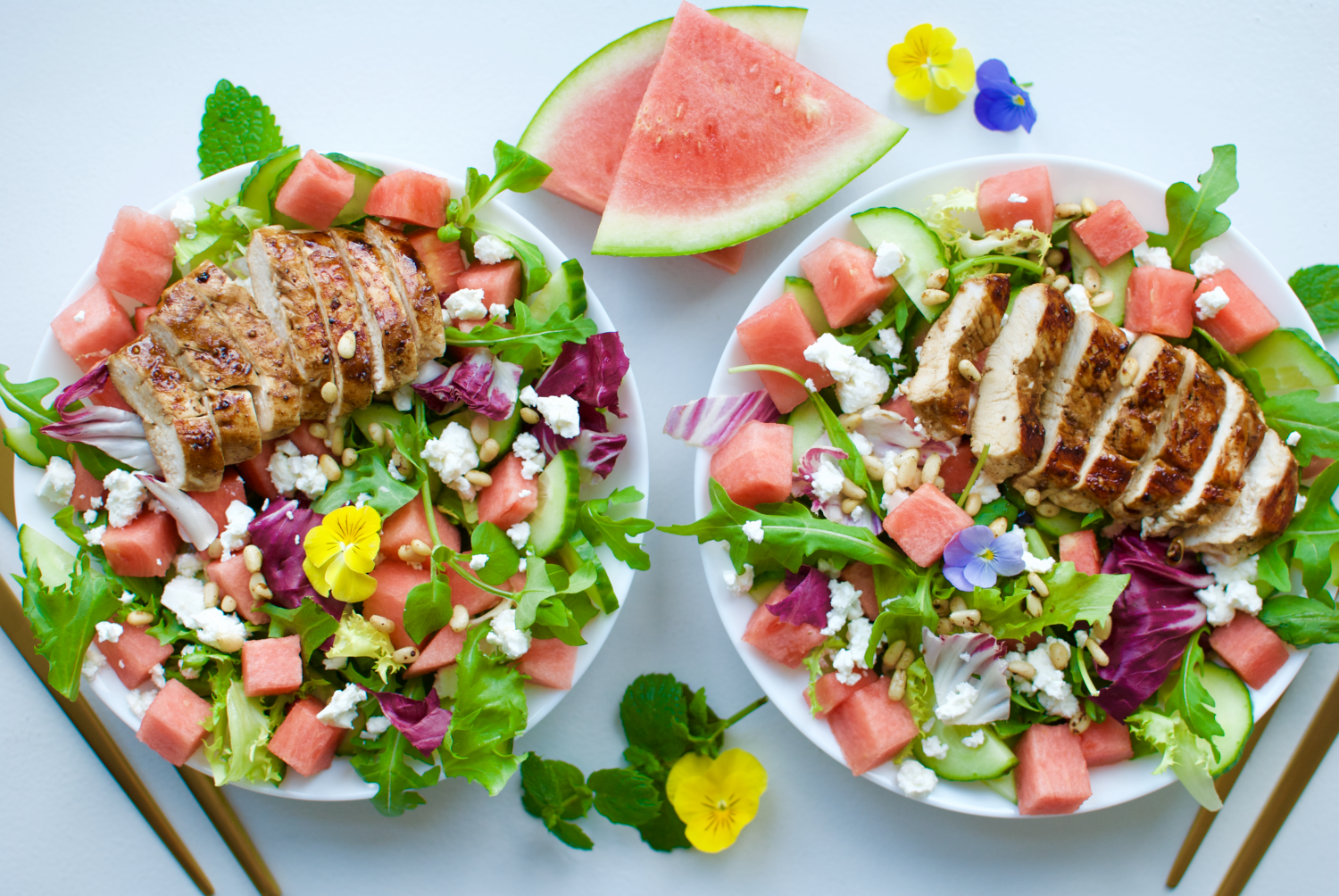 My favorite summery salad with watermelon, juicy balsamic glazed chicken, feta cheese and much more