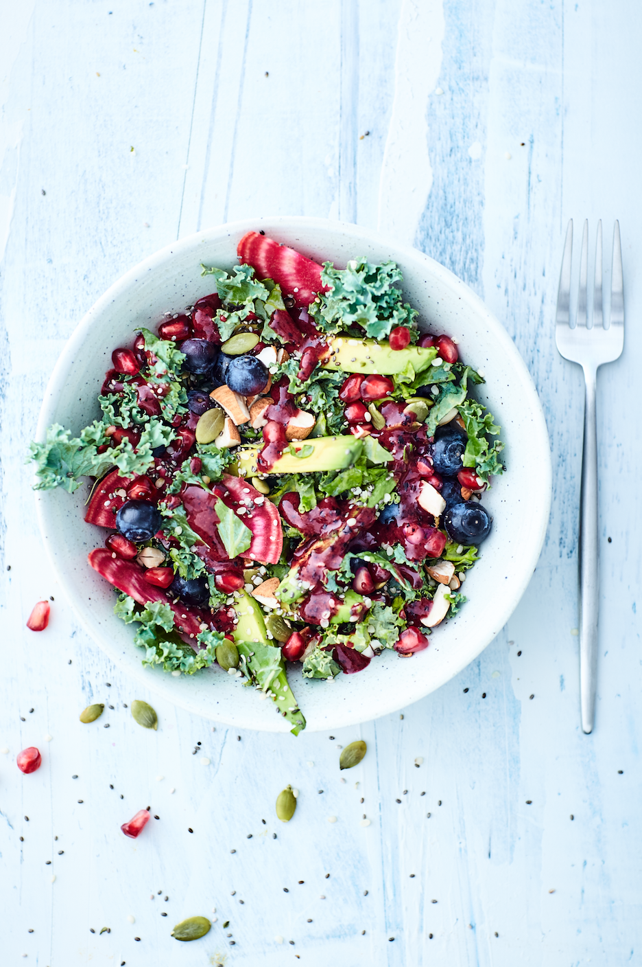 Superfood salad with blueberry-ginger vinaigrette