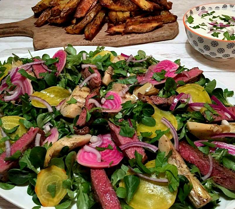 Steak-salat citronmarinerede bolchebeder, artiskok og parmesancreme, samt ovnfritter | Dip, dyppelse og | Persilles blog