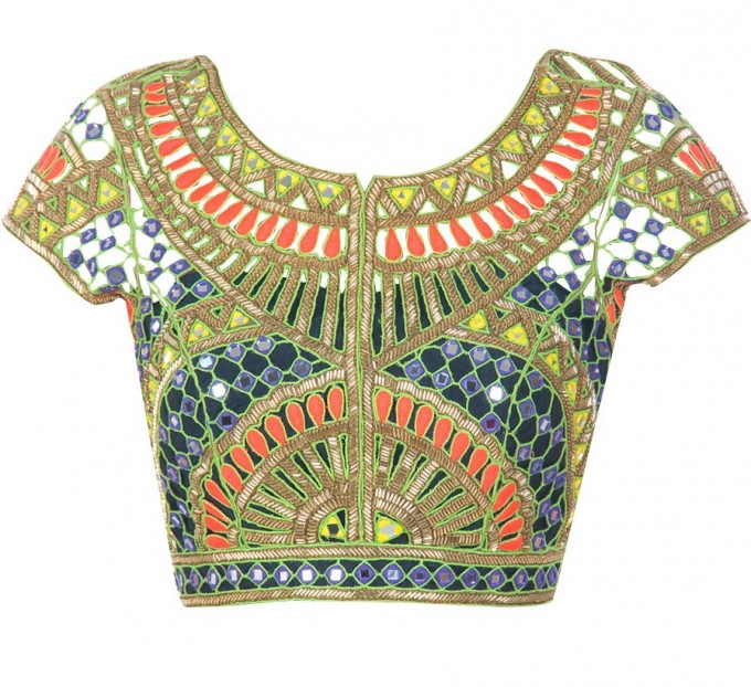 Arpita Mehta saree blouse really got my attention in 2014 - It's cut work/mirror work blouse design (seen on Samantha Prabu, Shruti Haasan and Madhuri Dixit) 